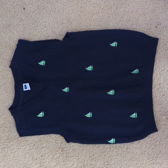 Janie & Jack Navy with Green Sailboats V Neck Sweater Vest Size 4 - Picture 1 of 6
